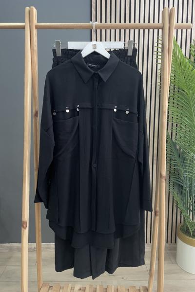 Ceremony Gümüş Para İşlemeli Üstten Torba Cepli Pantolonlu Takım Siyah