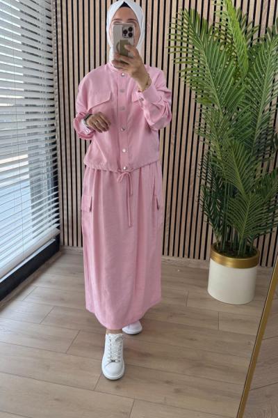 Ceremony Hakim Yaka Bomber Eteğinin İki Yanı Cep Detaylı Takım Pembe
