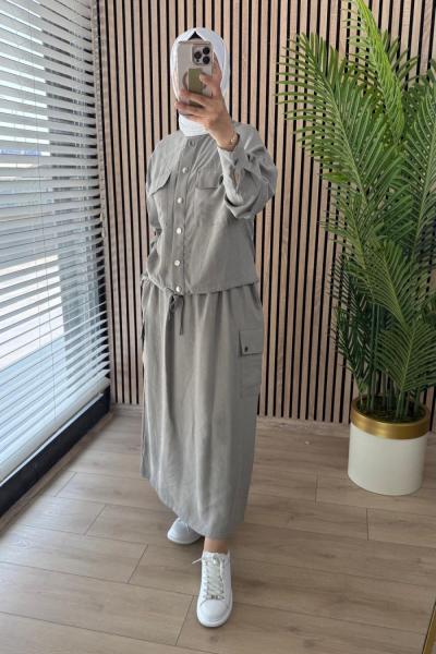 Ceremony Hakim Yaka Bomber Eteğinin İki Yanı Cep Detaylı Takım Gri