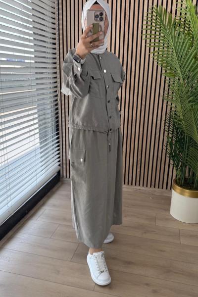 Ceremony Hakim Yaka Bomber Eteğinin İki Yanı Cep Detaylı Takım Vizon