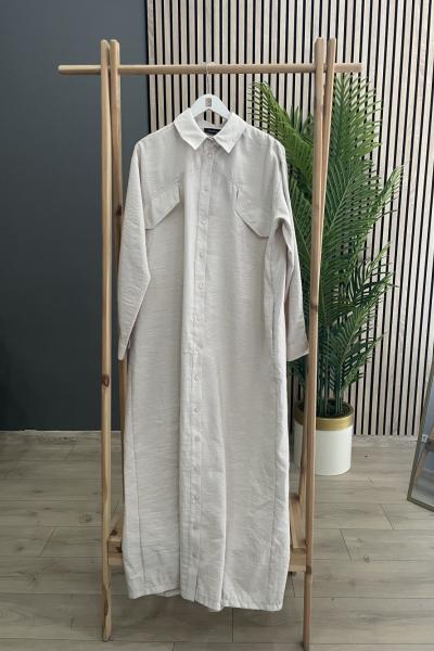 Ceremony Halka Detaylı Önü Düğmeli Kapak Cepli Dubai Gömlek Elbise Krem