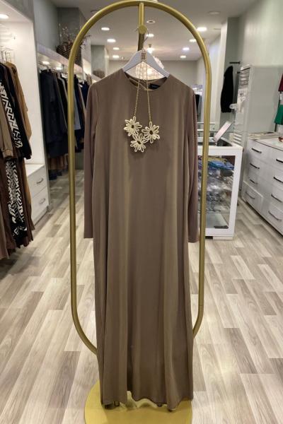 Ceremony Kolları Trikolu Tencel Uzun Basıc Elbise Vizon