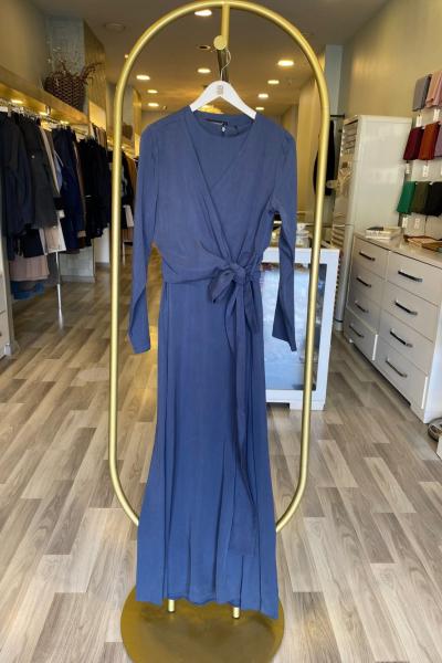 Ceremony Kolsuz İç Elbiseli Yandan Bağlama Bolerolu Tencel Elbise Lacivert