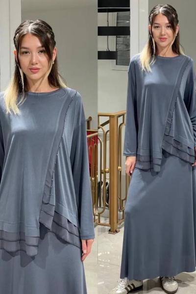 Ceremony Kat Kat Şifon Detaylı Örme Krep Takım Gri