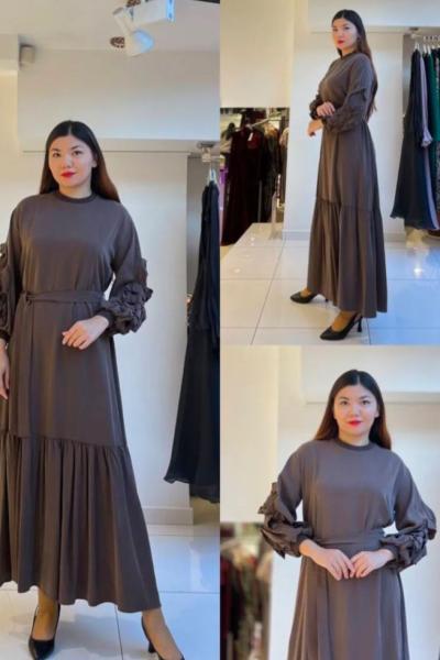 Ceremony Kolları Fırfır ve İşleme Detaylı Tencel Elbise Kahverengi