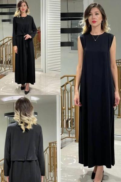 Ceremony Kolsuz İç Elbiseli Yandan Bağlama Bolerolu Tencel Elbise Siyah