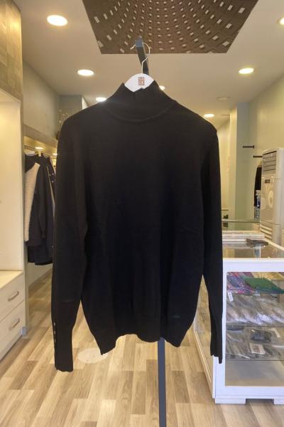 Ceremony Kolları Metal Düğmeli Balıkçı Kısa Triko Kazak  Siyah