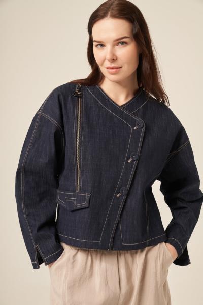Ceremony Kruvaze Kapama Fermuar Detaylı Denim Ceket Lacivert