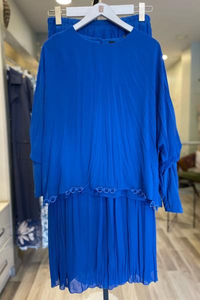 Ceremony Kolu Sandy Detaylı Şifon Kraşlı Etekli Takım  Saks Mavisi