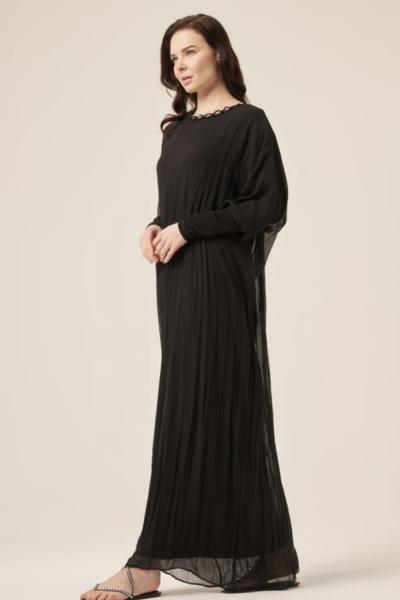 Ceremony Kolu Sandy Detaylı Kraşlı Şifon Elbise Siyah