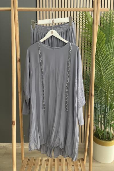 Ceremony Kolu Sandy Detaylı Zincir Halka İşlemeli Kraşlı Takım Gri