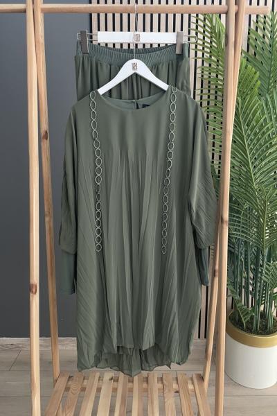 Ceremony Kolu Sandy Detaylı Zincir Halka İşlemeli Kraşlı Takım Haki