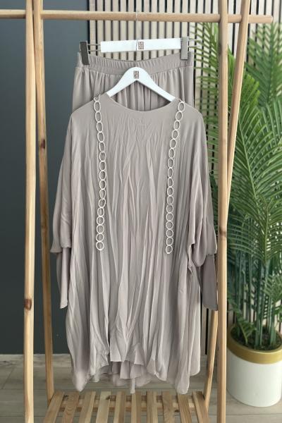 Ceremony Kolu Sandy Detaylı Zincir Halka İşlemeli Kraşlı Takım Bej