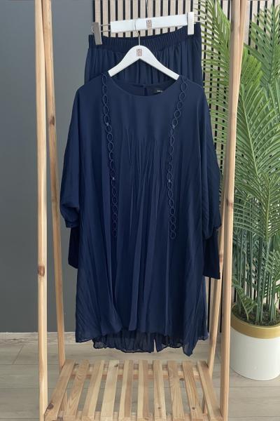 Ceremony Kolu Sandy Detaylı Zincir Halka İşlemeli Kraşlı Takım Lacivert