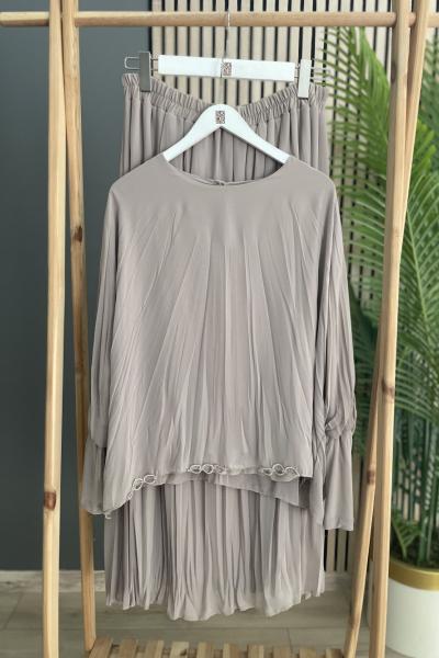 Ceremony Kolu Sandy Detaylı Şifon Kraşlı Etekli Takım  Bej