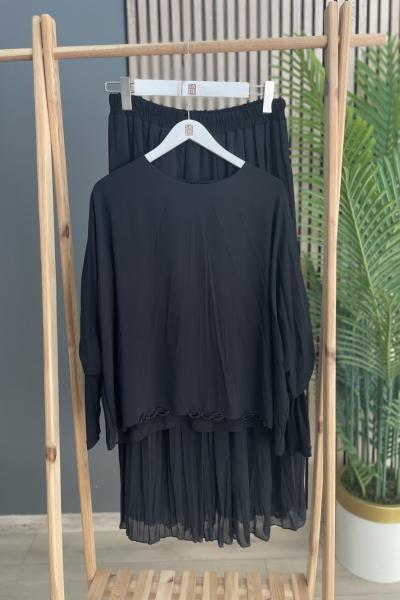 Ceremony Kolu Sandy Detaylı Şifon Kraşlı Etekli Takım  Siyah