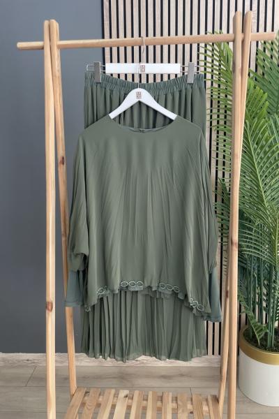 Ceremony Kolu Sandy Detaylı Şifon Kraşlı Etekli Takım  Haki