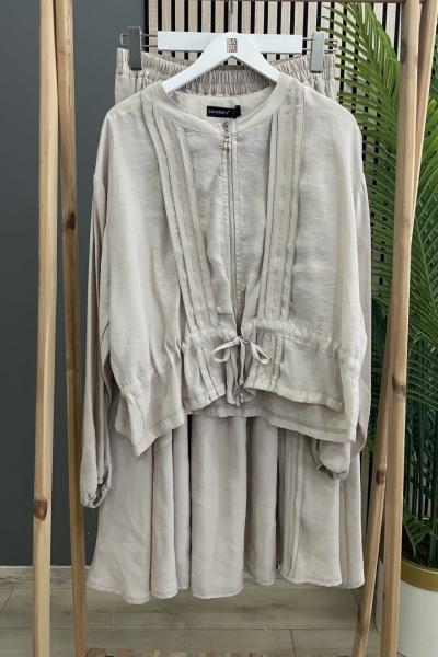 Ceremony Kendi Kumaşından Aplikeli Önü Fermuarlı Ceketli Etekli Cupra Takım Bej