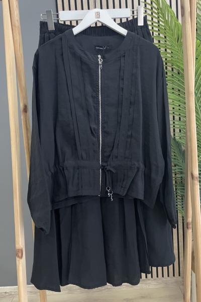 Ceremony Kendi Kumaşından Aplikeli Önü Fermuarlı Ceketli Etekli Cupra Takım Siyah