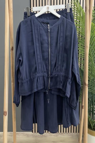 Ceremony Kendi Kumaşından Aplikeli Önü Fermuarlı Ceketli Etekli Cupra Takım Lacivert