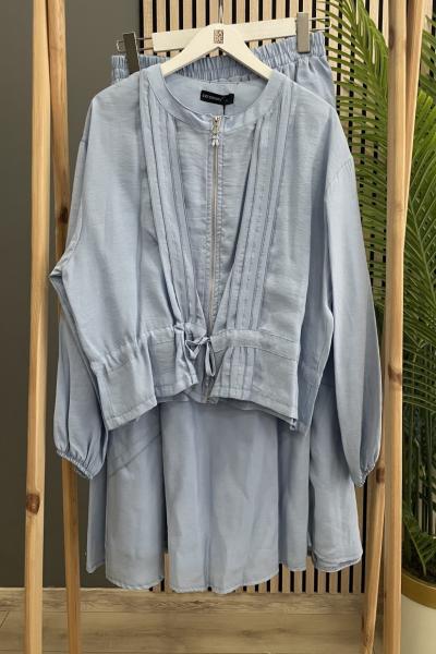 Ceremony Kendi Kumaşından Aplikeli Önü Fermuarlı Ceketli Etekli Cupra Takım Açık Mavi