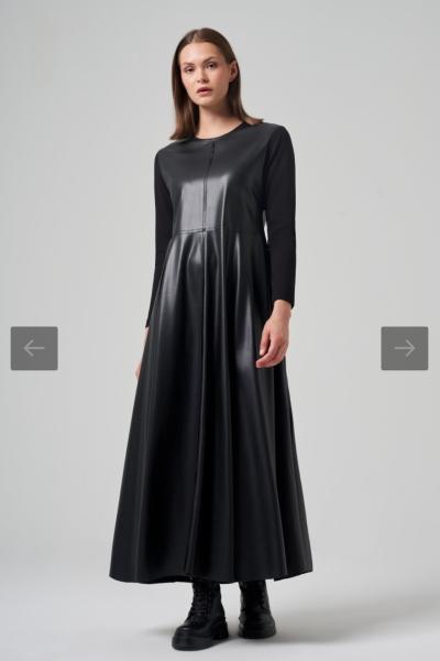 Ceremony 2026 KIŞ Kolları Çelik Örme Detaylı Deri Elbise Siyah