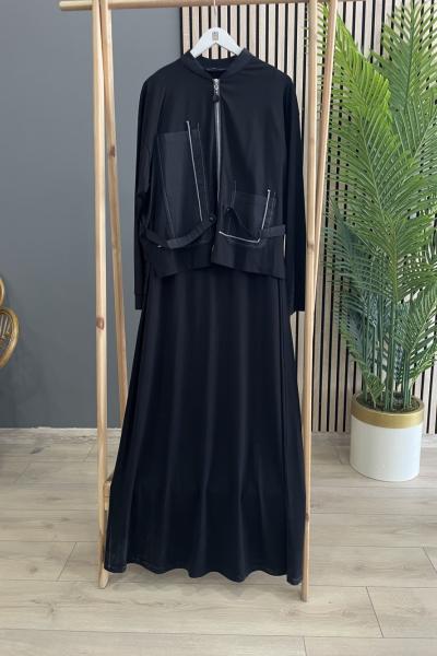 Ceremony Makrome İp Detaylı Bomber Elbiseli Takım Siyah