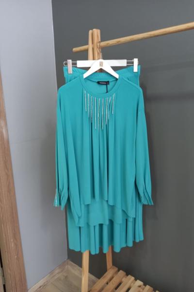 Ceremony Nervürlü Zincirli Sandy Etekli Takım Turkuaz