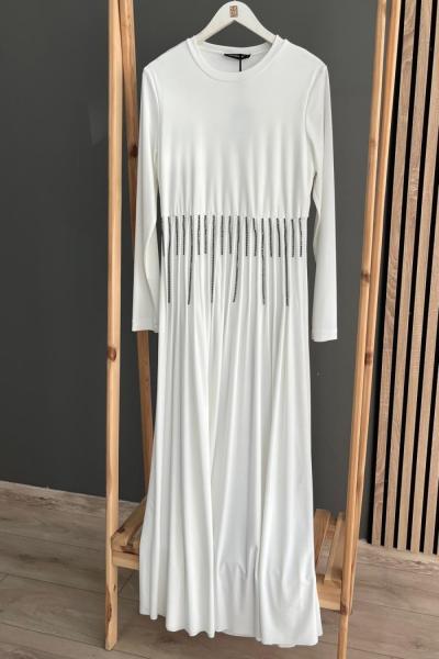 Ceremony Nervürlü Zincirli Sandy Elbise Beyaz