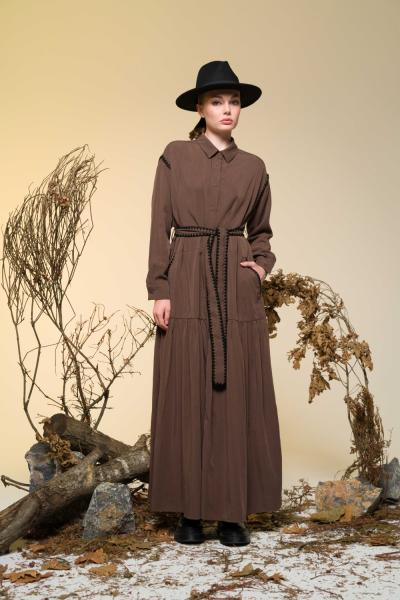 Ceremony Omuzu ve Kemeri Çoban Dikişli Tencel Elbise Kahverengi