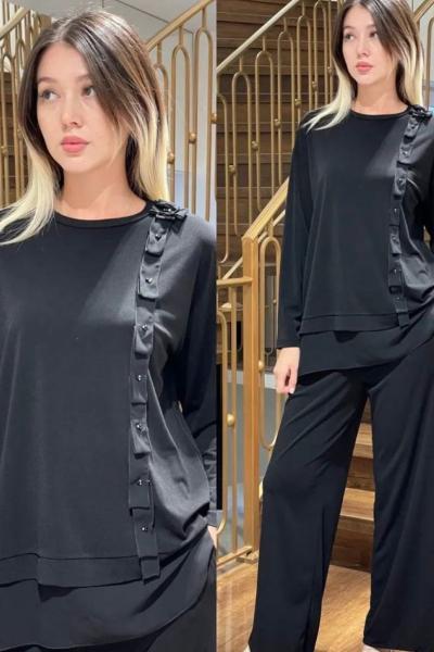 Ceremony Omuzundan Etek Ucuna Şerit Detaylı Örme Krep Takım Siyah