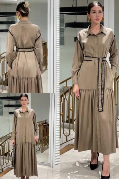 Ceremony Omuzu ve Kemeri Çoban Dikişli Tencel Elbise Vizon