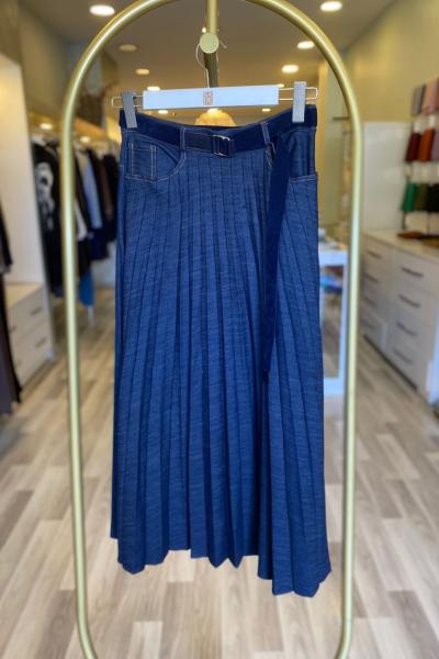 Ceremony Plisoley Denim Etek  Mavi