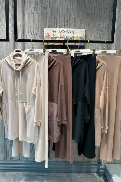 Ceremony Tek Cepli Şifon Garnili Kapüşonlu Çelik Takım Vizon