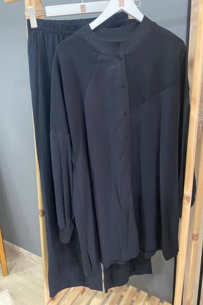 Ceremony Tuniği Önden Düğmeli Çelik Detaylı Tencel Pantolon Takım  Siyah