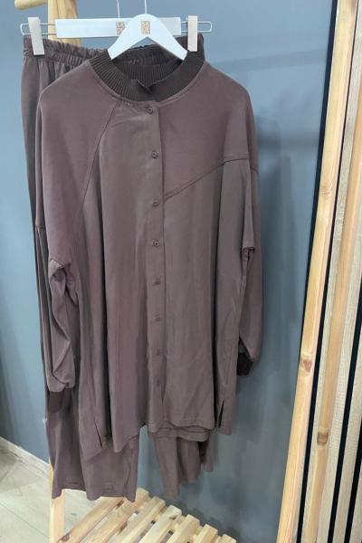 Ceremony Tuniği Önden Düğmeli Çelik Detaylı Tencel Pantolon Takım  Kahverengi