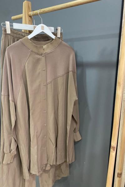 Ceremony Tuniği Önden Düğmeli Çelik Detaylı Tencel Pantolon Takım  Vizon