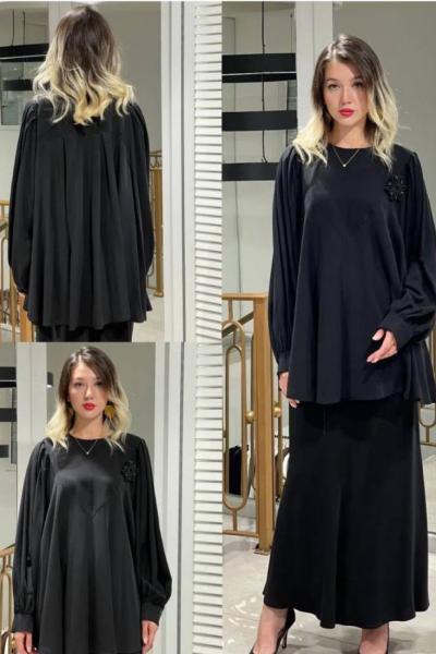 Ceremony Tuniğinin Kolları Balon Verev Tencel Etekli Takım Siyah