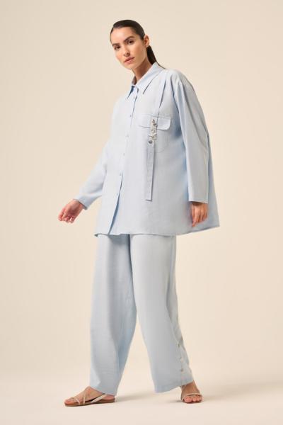 Ceremony Tuniğinin ve Pantolonunun Önü Sedef Aksesuarlı Takım Mavi