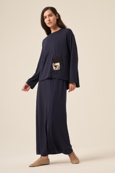 Ceremony Tuniğinin Önü İp Yama Detay Kaplamalı Bambu Etekli Takım Lacivert