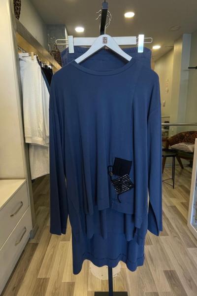 Ceremony Tuniğinin Önü İp Yama Detay Kaplamalı Bambu Etekli Takım İndigo