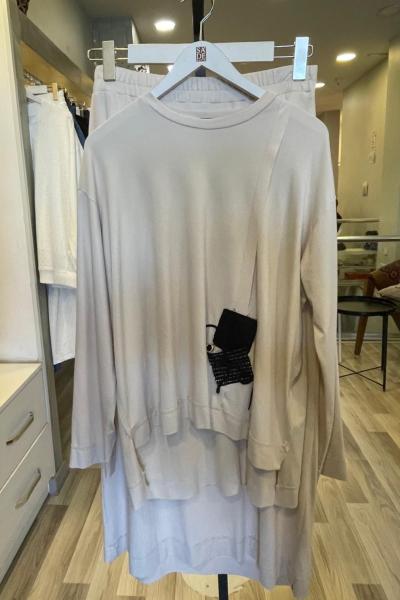 Ceremony Tuniğinin Önü İp Yama Detay Kaplamalı Bambu Etekli Takım Taş Rengi