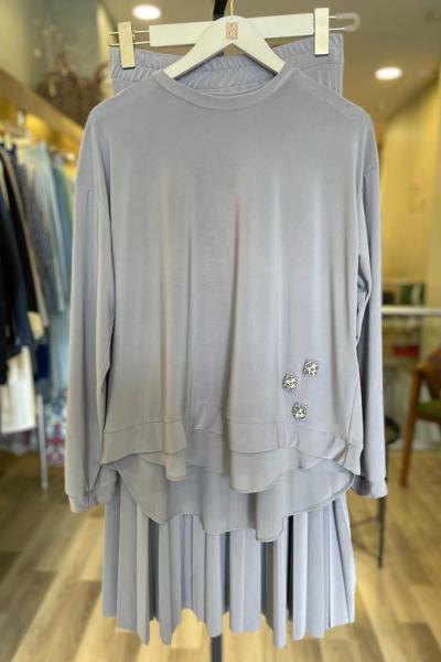 Ceremony Tuniğinin Önü Boncuk Taş Ve Şifon Detay Pliseli Sandy Etek Takım  Gri