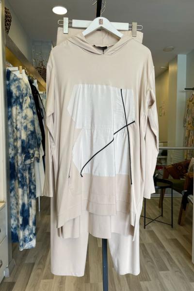 Ceremony Tuniğinin Önü Dubai Ve İp Detay Kapüşonlu Bambu Pantolon Takım Bej