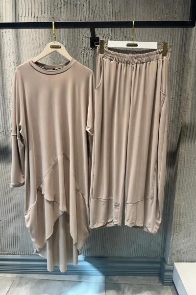 Ceremony Tuniğin Önü Üçgen Şifon Şalvarlı Sandy Pantolon Takım Krem