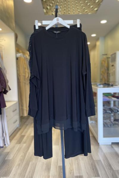 Ceremony Tuniğinin Tek Kolu Fır Fır Şifon Ve İnci Detaylı Sandy Pantolon Takım Siyah