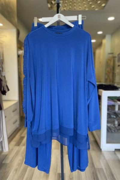 Ceremony Tuniğinin Tek Kolu Fır Fır Şifon Ve İnci Detaylı Sandy Pantolon Takım Saks Mavisi