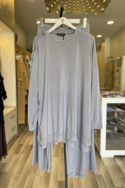 Ceremony Tuniğinin Tek Kolu Fır Fır Şifon Ve İnci Detaylı Sandy Pantolon Takım Gri