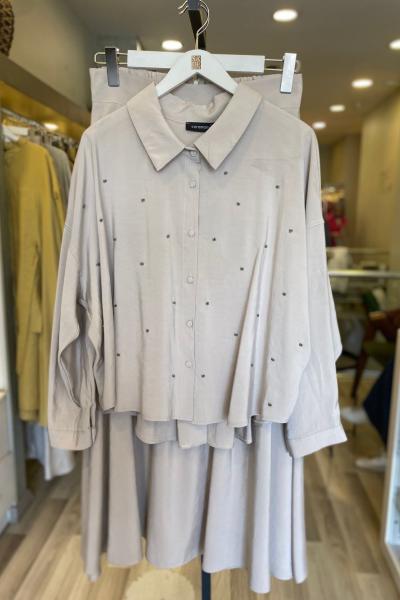 Ceremony Tomurcuk İşlemeli Kısa Gömlek Etekli Rano Takım Taş Rengi