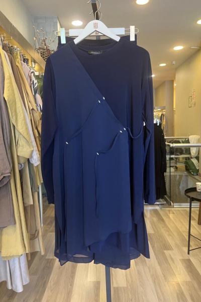 Ceremony Tuniğinin Önü Yarım Şifon Pantolonu Şifon Yırtmaç Detaylı Sandy Takım Lacivert